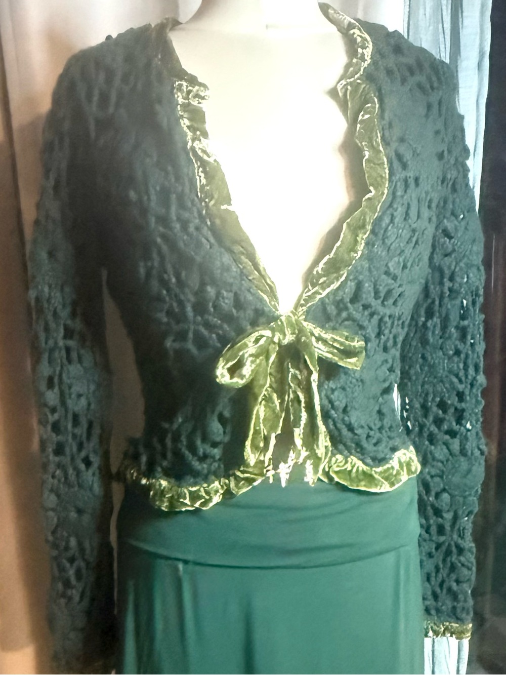 Moth Dark Green Crochet Cardigan with Velvet Trim